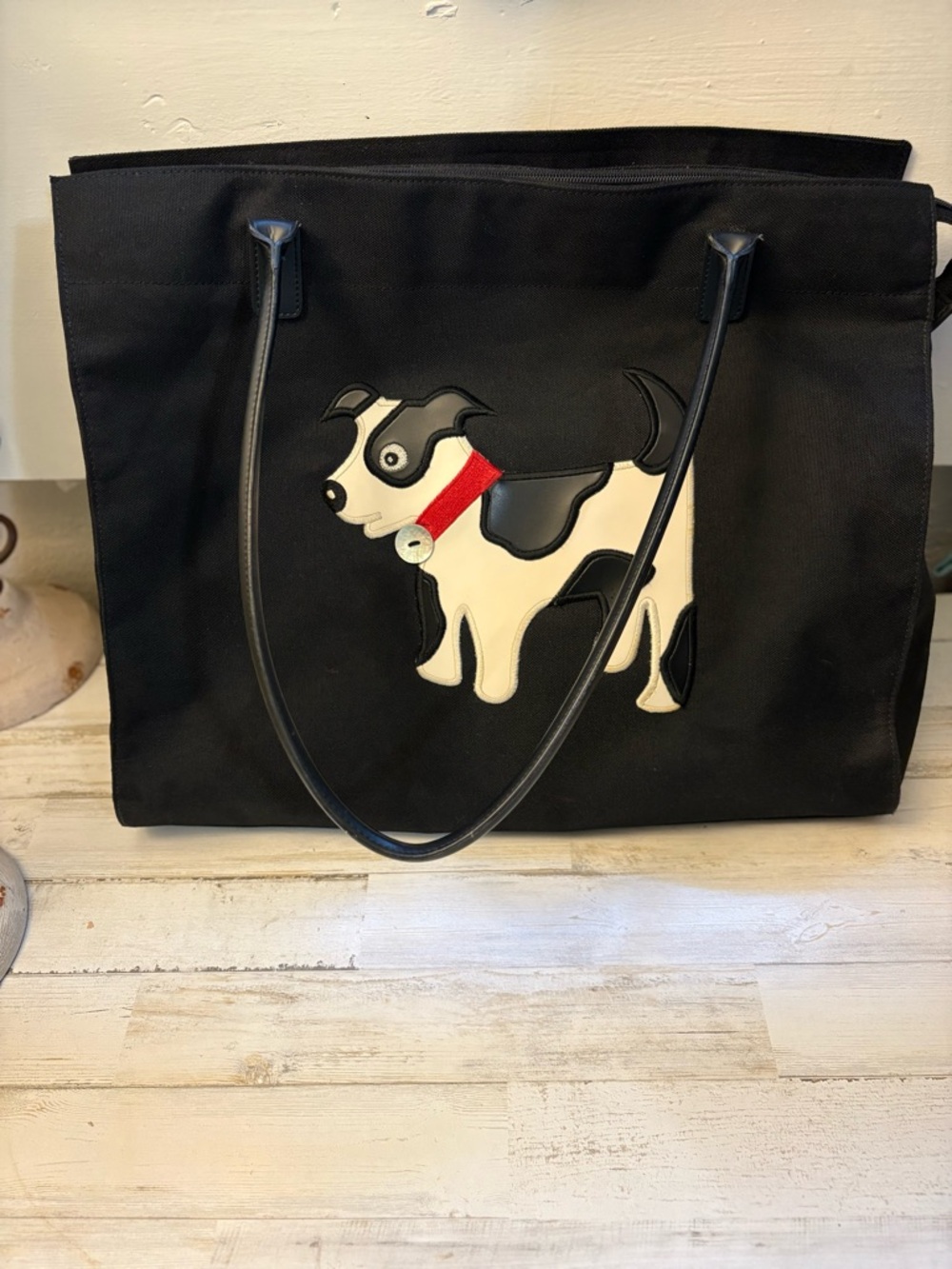 Liz Claiborne Black Tote with Dog Applique and Red Collar Rare Bag